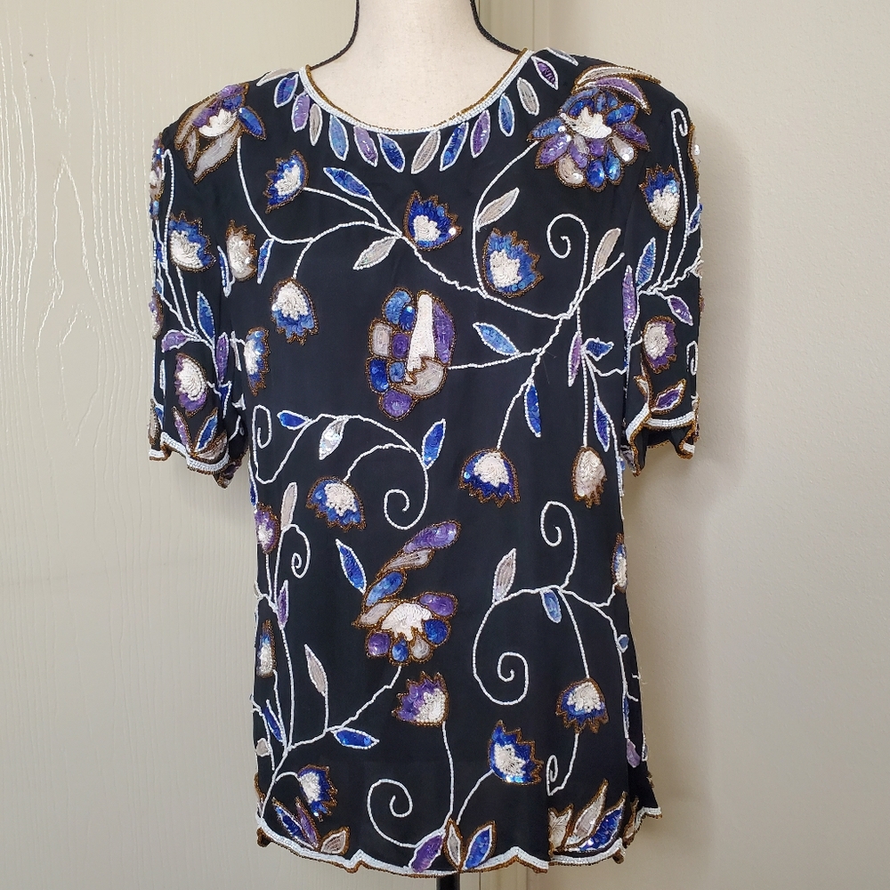 Stenay Plus Vtg Beaded‎ Floral Embellishment 100% Silk Blouse Short Sleeve 1X
